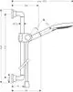Handbrause mit Halter und Schläuchen von AXOR, schematische Darstellung mit Abmessungen und Neigungswinkel, geeignet für die Installation in Duschbereichen.
